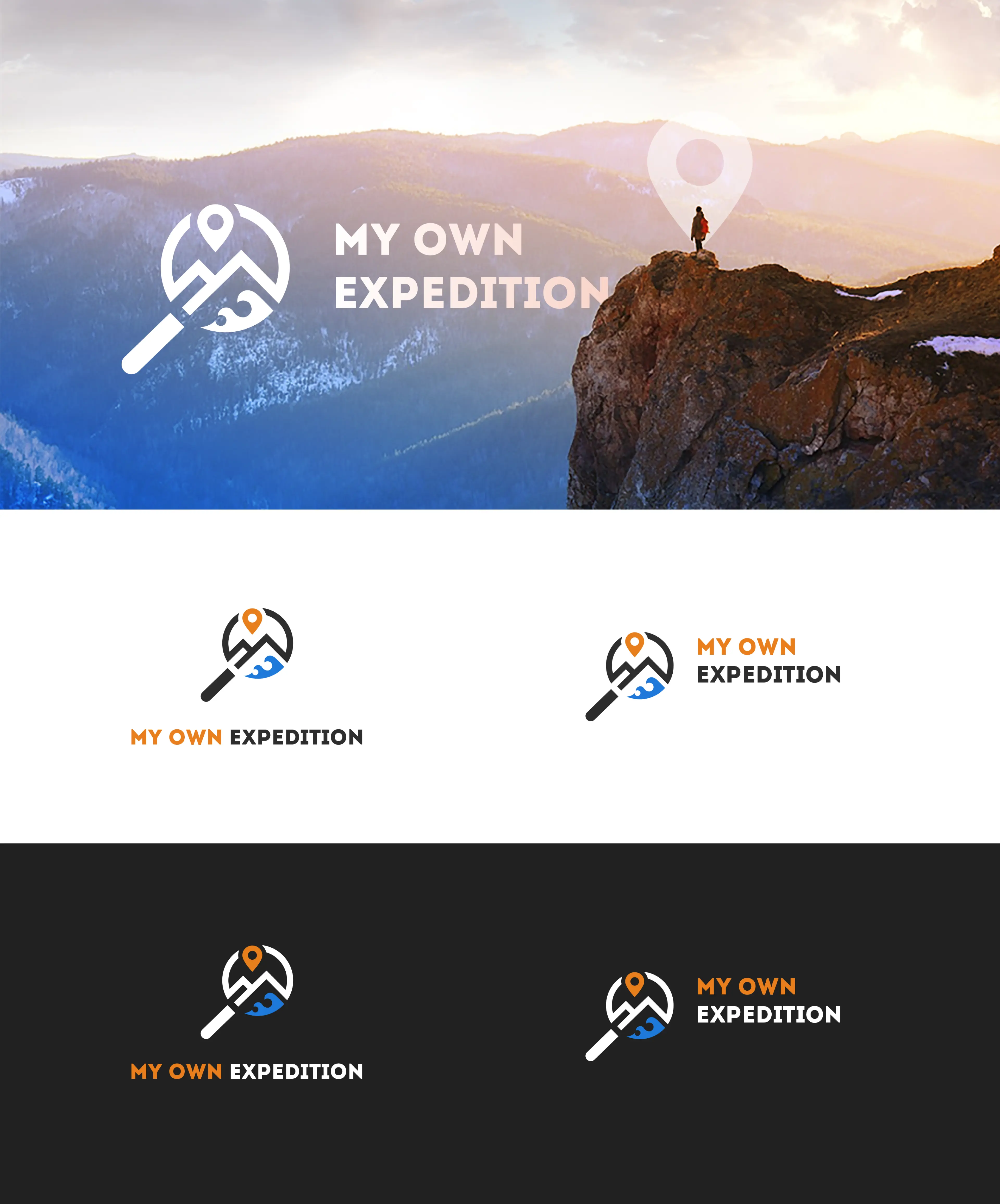 Логотип My Own Expeditions и варианты на разных фонах.